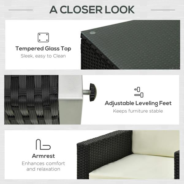 Wyld Haus Elrolo Rattan Black 4 Seater Outdoor Sofa Set With White Cushions and Rectangular Coffee Table Glass Top