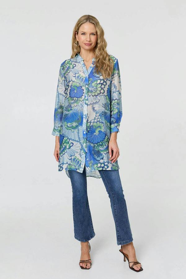 Blue | Floral Semi Sheer Longline Shirt 