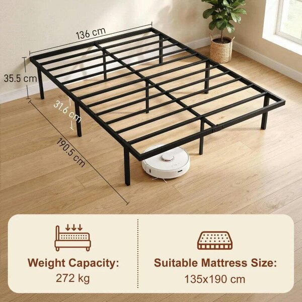 4ft6 Double Bed Frame with Underbed Storage, Metal Platform Bed Frame with Steel Slat Support, No Box Spring Needed