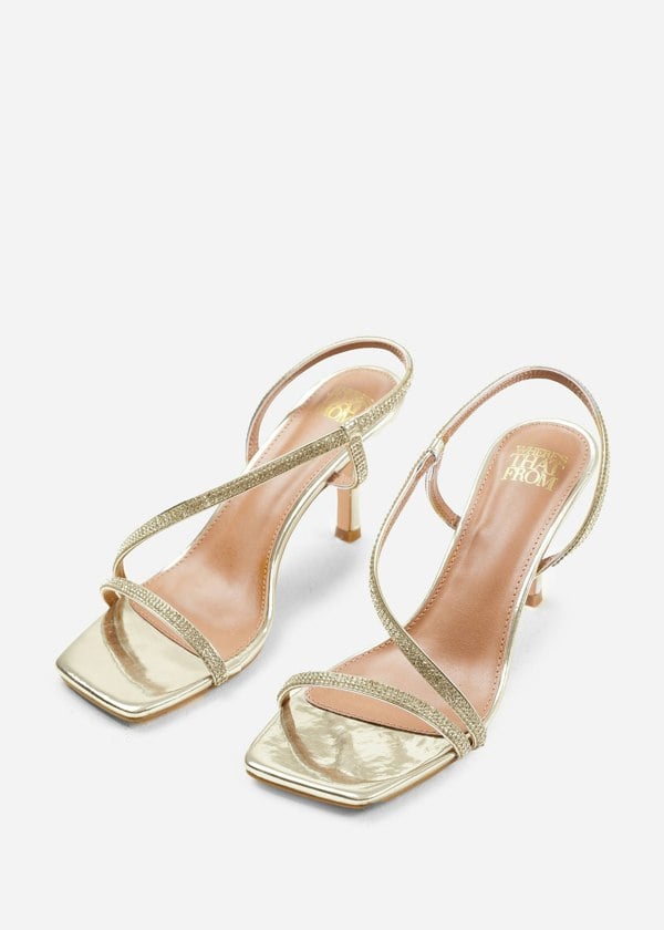 Where's That From Ivy Crystal Cross Foot Strap Mid Heels in Gold Metallic