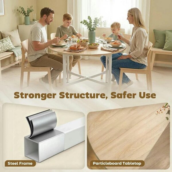 Folding Dining Table, Drop Leaf Extendable Kitchen Table for Small Spaces, Steel Frame, Natural Wood Finish