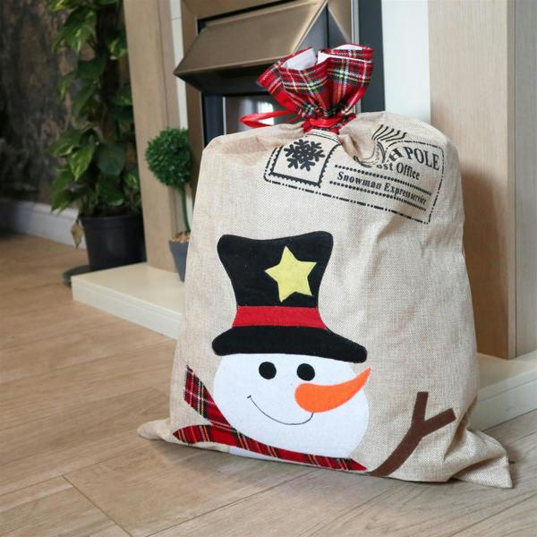 50 x 70 cm Snowman Christmas Sack in Thick Printed Hessian for Festive Gifts image 1