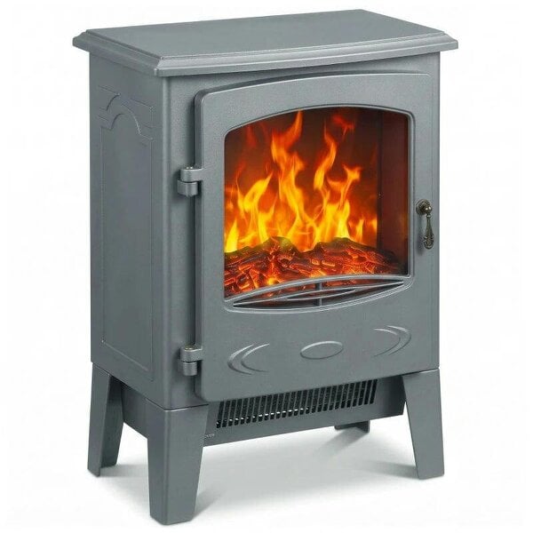 Electric Fireplace, Freestanding Electric Fire with Realistic Flame Effect, Log Burner, 1000W/ 2000W, Grey