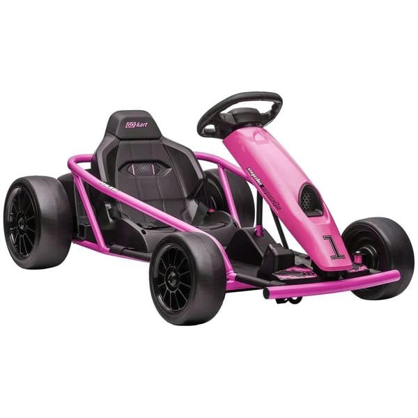 Pink kids electric go-kart with black seat and steering wheel, four wheels, no driver