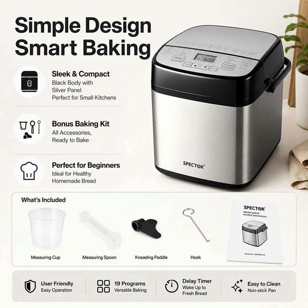 Spector Bread Maker 19 In 1 Compact Machine 15H Timer 1.5Lb for Home Baking