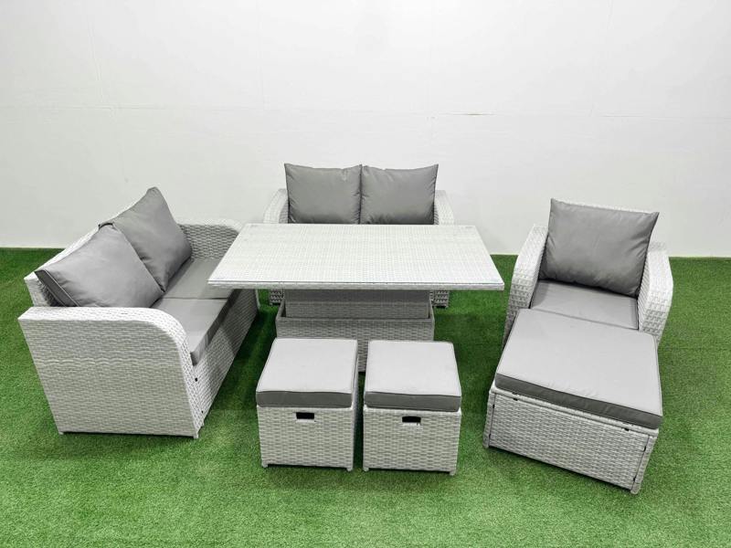Fimous High Back Poly Rattan Garden Furniture Set, Adj Height Table, Reclining Loveseat, Indoor Outdoor Patio and 3 Stools, Light Grey