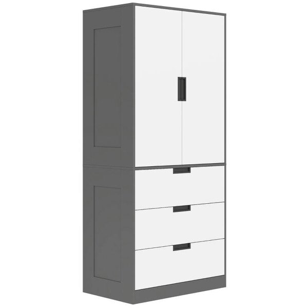 Modern Clothes Storage Cupboard Unit, 3 Drawer 2 Door Wardrobe with Hanging Rod, Grey