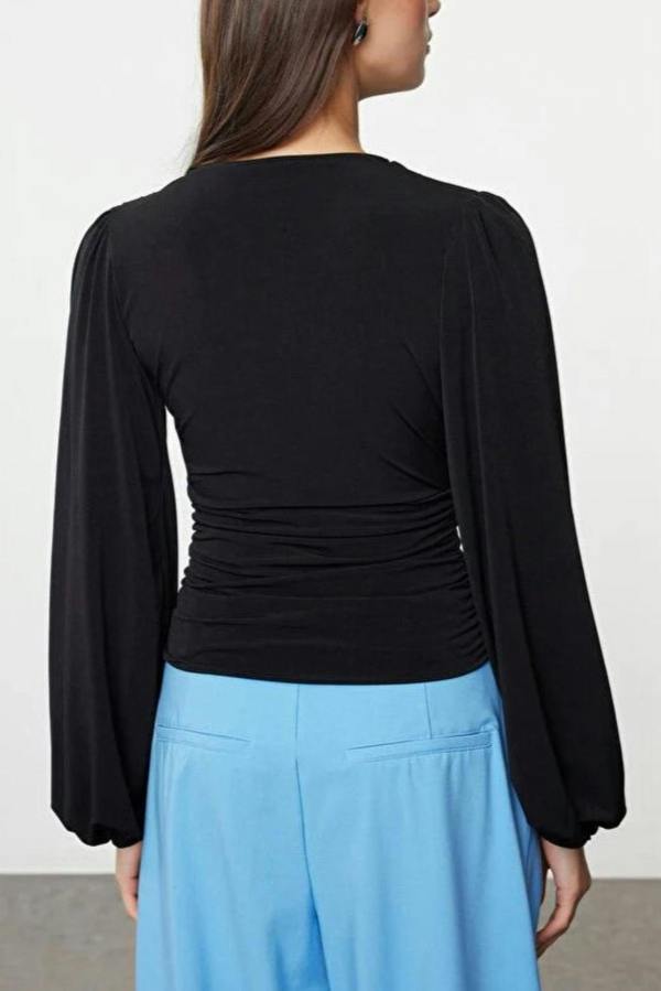 WOVCOR Double-Breasted Long Sleeve Knit Blouse with Drape Detail