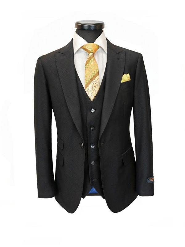 Black PAMONI 3-piece slim fit suit displayed on a hanger, highlighting tailored jacket, vest, and matching trousers.