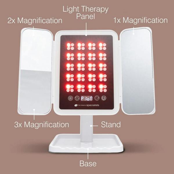 The Rio Radiance Light Therapy Panel features three panels: left (2x and 3x magnification), center (LED therapy for radiant skin), and right (1x magnification), all mounted on a sturdy base.
