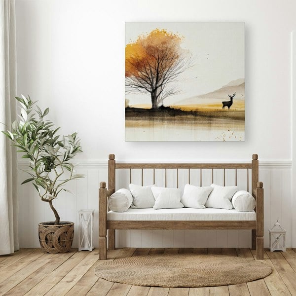 Warren Reed Autumn Landscape Stag Watercolour Canvas