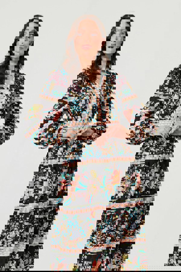 Black | Floral Long Sleeve Buttoned Midi Dress
