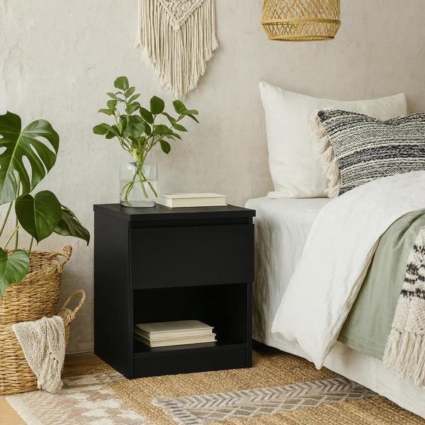 Wyld Haus Budapest Matt Black Wood Bedside Table 1 Drawer 1 Shelf