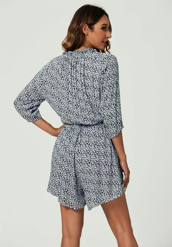 FS Collection Daisy Floral Print Boho Playsuit With Buttons In Navy
