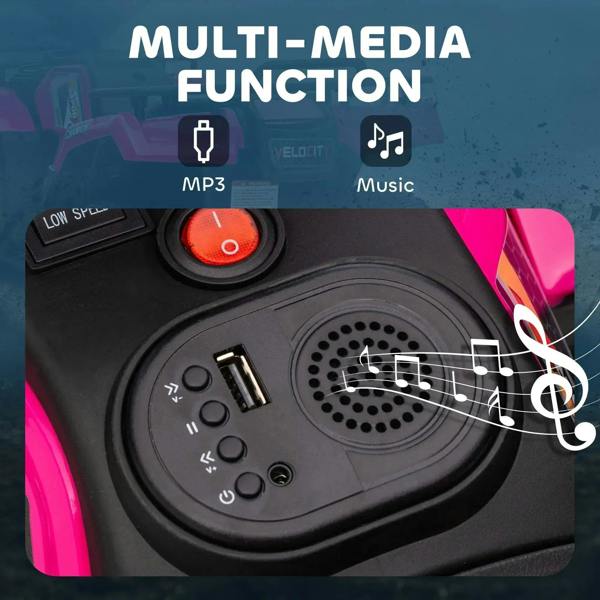 Pink quad bike control panel with speaker grille and music/play buttons