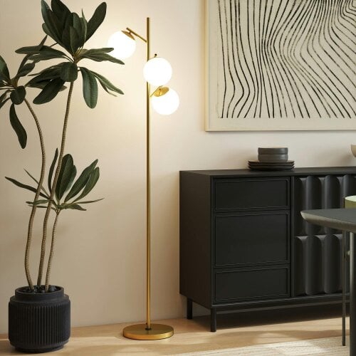 Wyld Haus Lidi Metal Gold Tone 3 Light Tree Floor Lamp With Globe Shades Adjustable Colour Light