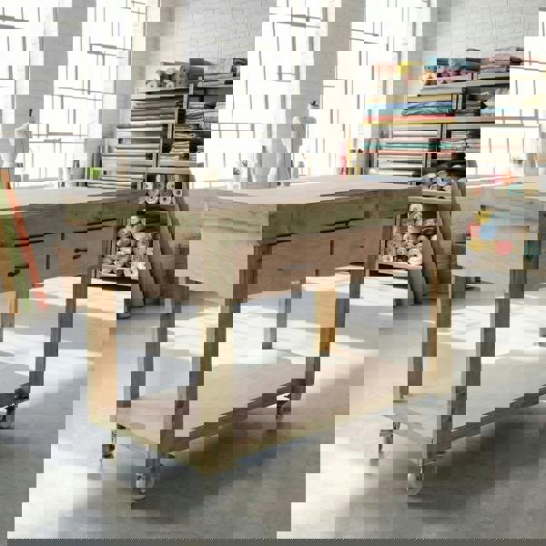 Wooden eucalyptus Top Workbench – Mobile Tool Cabinet with Drawers and Wheels, Ideal for Dry Indoor Spaces Such as Garages, Workshops, and Studios.