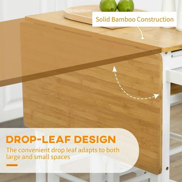 Bamboo drop-leaf top on white kitchen island cart with solid bamboo construction