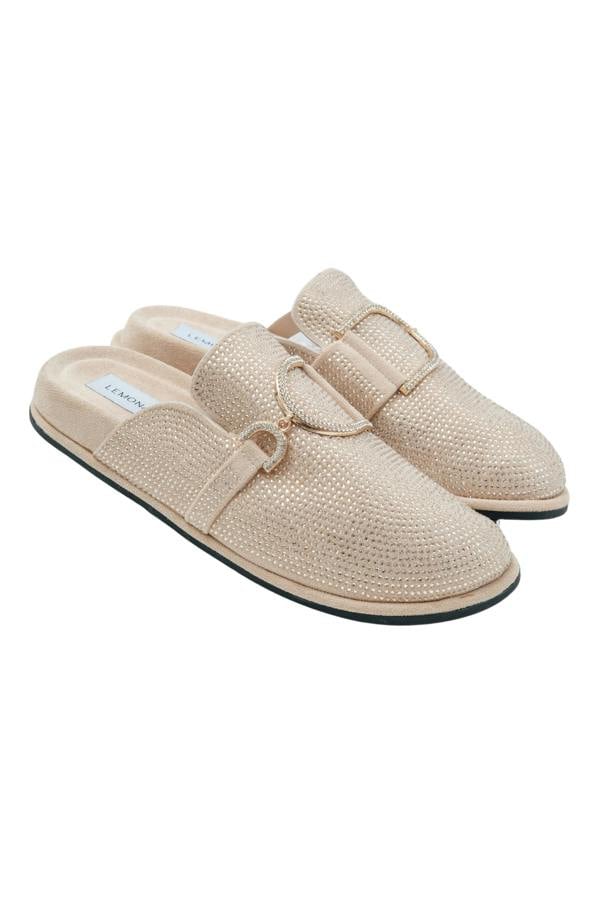 Crystal Imperial Suede Slip On Clog Mules Nude, featuring soft faux suede upper with sparkling crystal finish