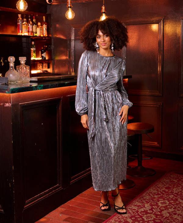 Needs No Label Silver Plisse Tie Front Midi Dress