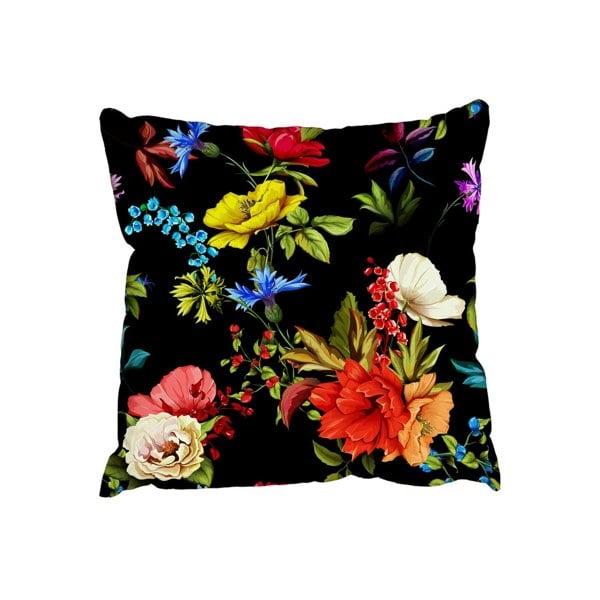Benjamin Tate Design Poppy, wild roses, cornflower with leaves on black (Outdoor Cushion)