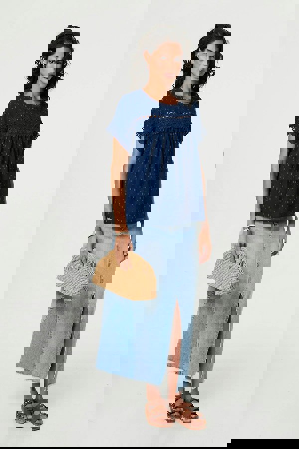 Navy | Lace Trim Short Sleeve Button Back Blouse
