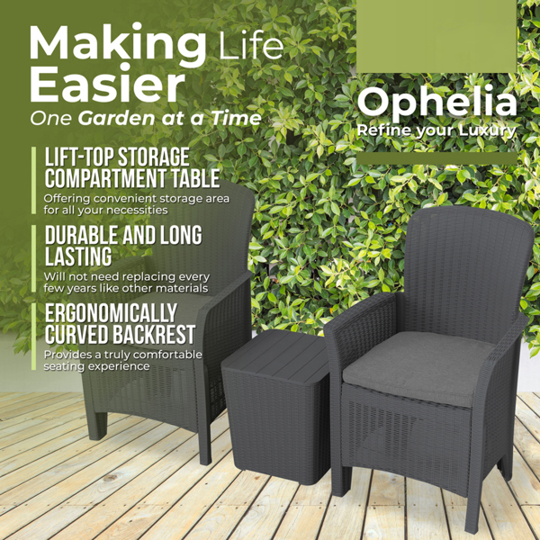 Homeology OPHELIA 3-Piece Rattan Garden Furniture High Back Armchair Set with Side Table in Black