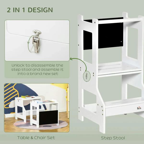 White 2-in-1 kids step stool with chalkboard and sturdy open-frame design