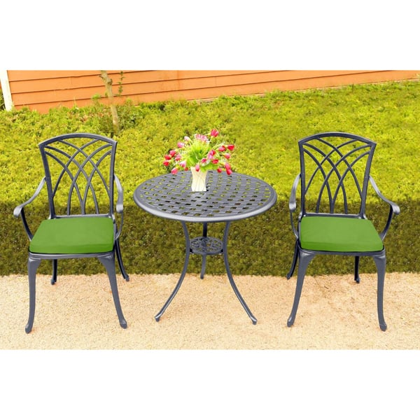 Centurion Supports OSHOWA Luxurious Garden and Patio Table and 2 Large Chairs with Armrests Cast Aluminium Bistro Set - Grey with Green Cushions