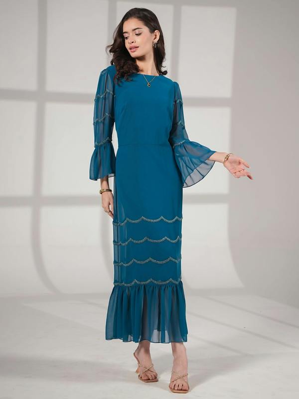 Rose & Nancy Georgina Teal Scallop Bead Midi Dress