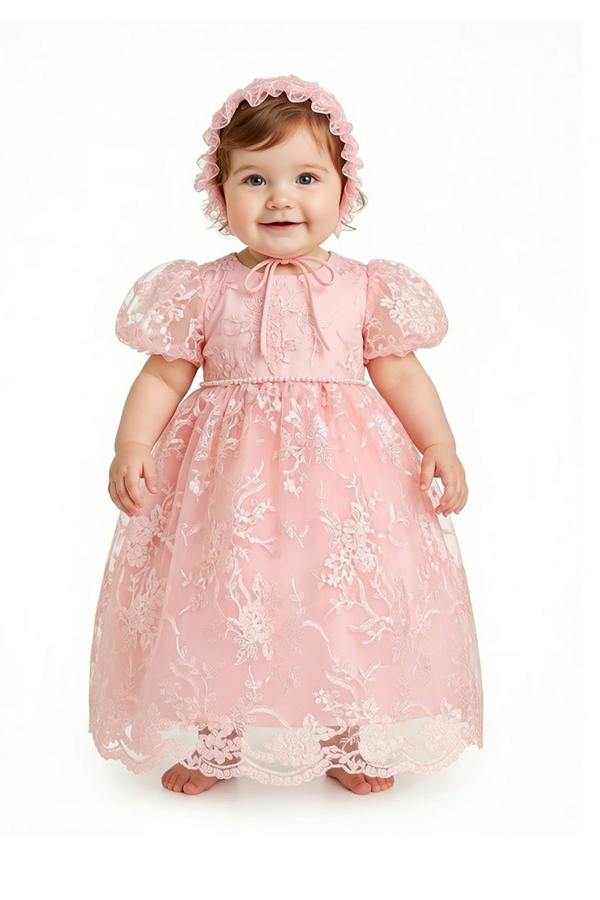Cinda Lace Christening Gown Party Dress with Bonnet