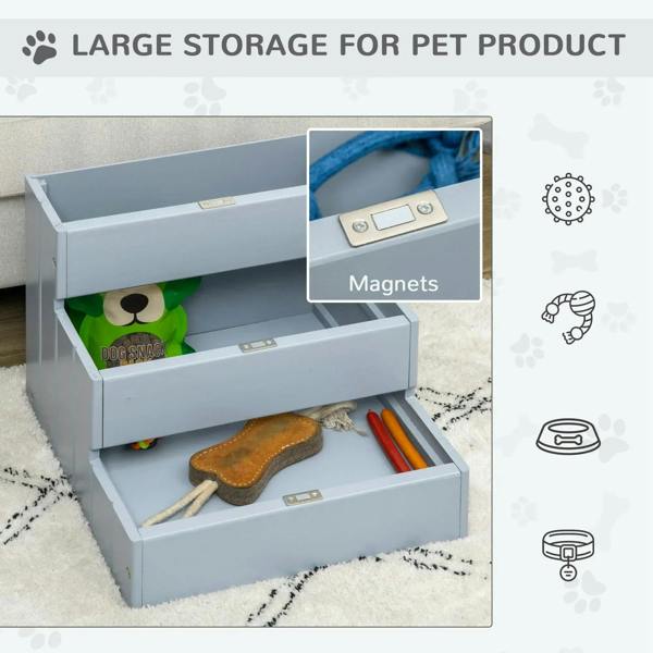Grey 3-step pet stairs with large open storage drawer and gray carpeted steps