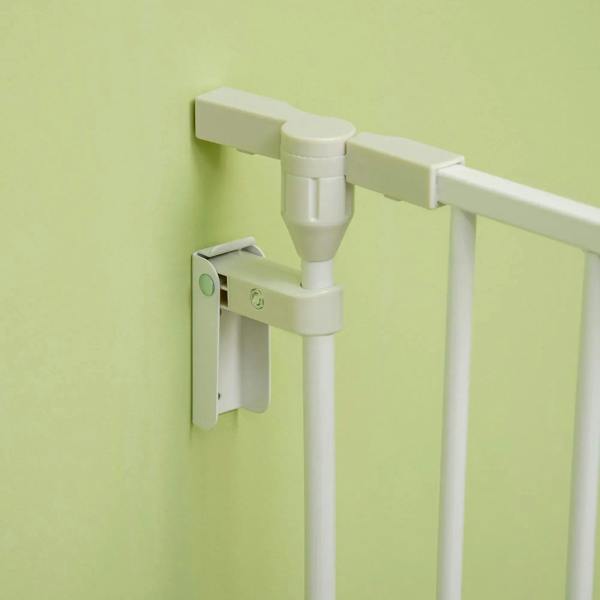 White metal pet playpen wall bracket and hinge latch connection detail