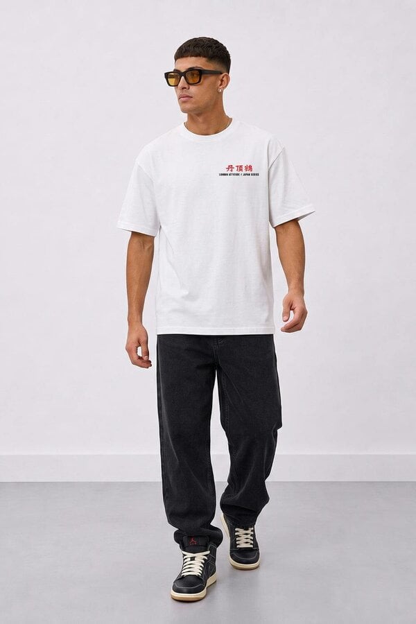 London Attitude Japanese Crane Oversized Heavyweight Graphic T-Shirt in White