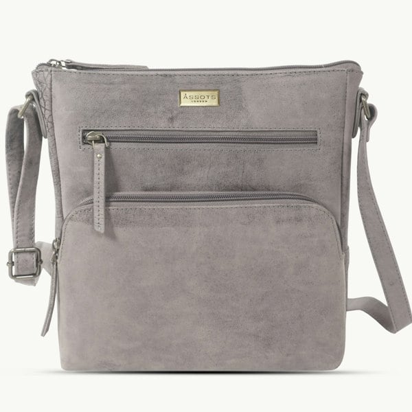 Assots London 'AGATHA' Distressed Grey Vintage VT Real Leather Crossbody Bag