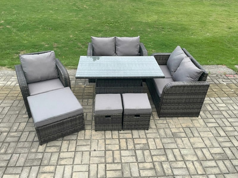 Fimous Rattan Furniture Garden Dining Set Outdoor Height Adjustable Rising lifting Table Love Sofa Chair With 3 Footstools