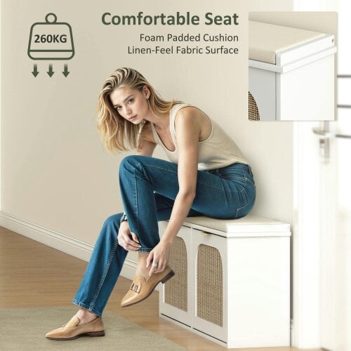 Wyld Haus Hano Wooden White Boho Style Shoe Bench With Cushioned Seat And 2 Flip Drawers