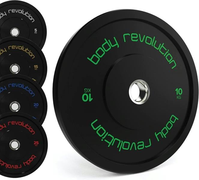 Black Olympic bumper plate set featuring 10kg weights, with vibrant green lettering and a smooth, durable rubber surface