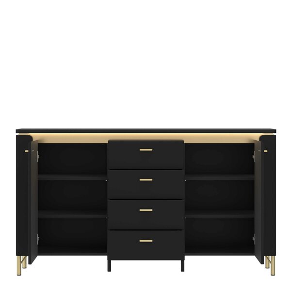 Wyld Haus Marslet Black and Gold Sideboard 2 Door 4 Drawer with LED Lights