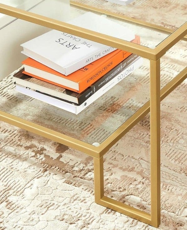 Modcraft Modern Glass Coffee Table with Storage – Gold Steel Frame, Tempered Glass Shelves