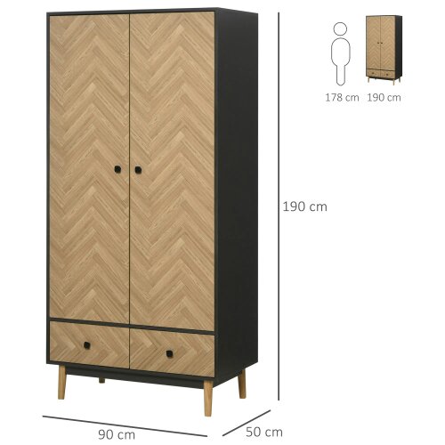 Wyld Haus Belavyn Black and Natural Chevron Wardrobe With Hanging Rod Top Shelves And 2 Drawers