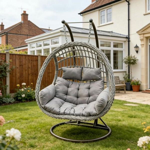 Fimous Indoor Outdoor Patio Rattan Two Seater Egg Hanging Chair Garden With Grey Thick Cushion