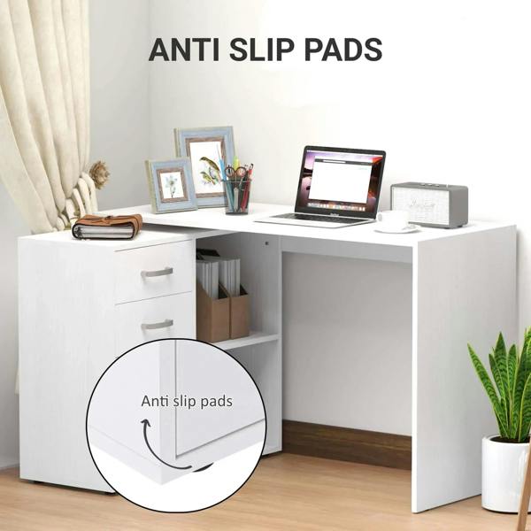 White L-shaped desk with open shelf area and anti-slip pads underneath.