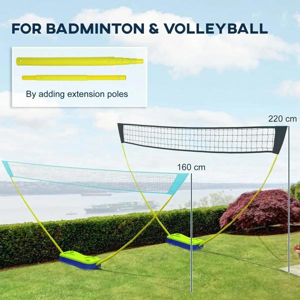 Portable badminton and volleyball net with black mesh and lime frame poles, including blue base
