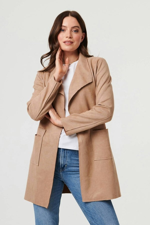 Brown | Faux Suede Collared Open Front Jacket
