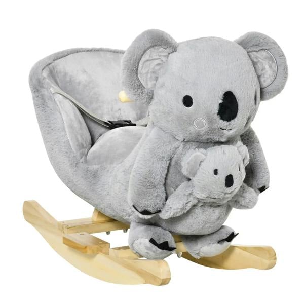 Gray koala plush rocking horse with gloved doll on light wooden rocker base