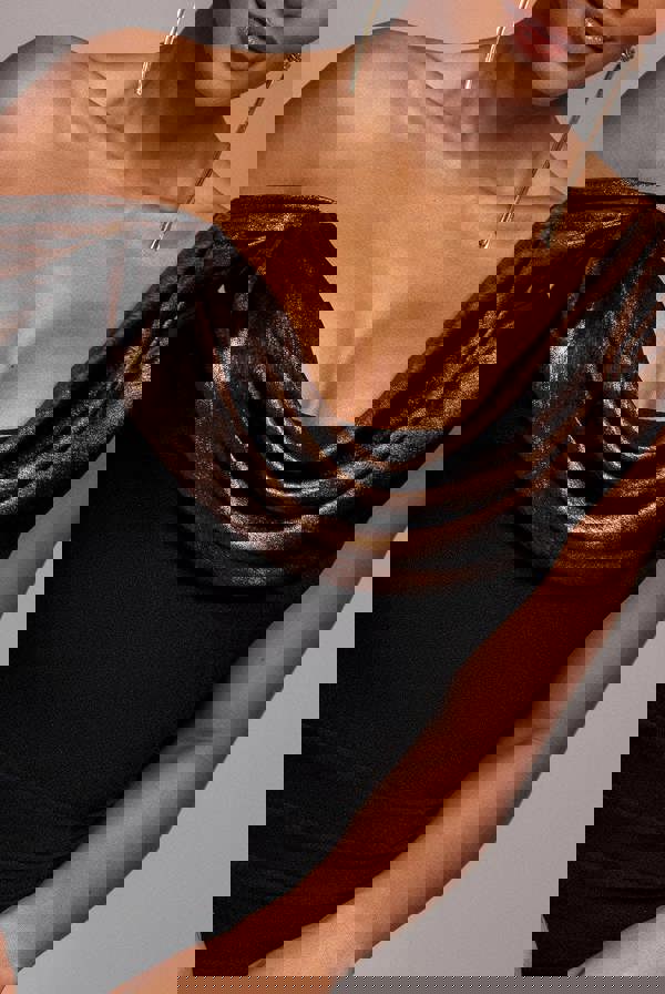 Foil Chiffon Cowl One Shoulder Cape Maxi Dress - Black Bronze DR4998