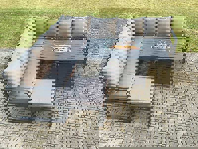 Fimous Aluminium 7 Pieces Garden Furniture Corner Sofa Set with Cushions Gas Fire Pit Dining Table Set Gas Heater Burner with Big Footstool Dark Grey