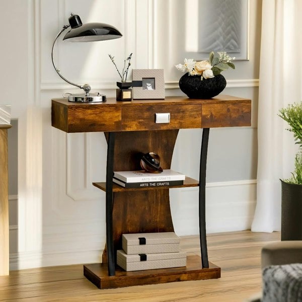 Rafaelo Mobilia Industrial Console Table T-Shaped Rustic Brown