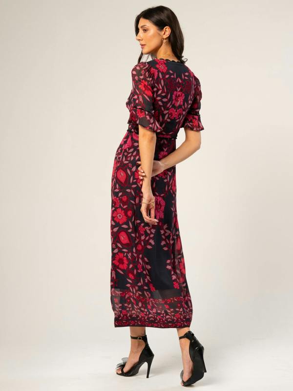 Rose & Nancy Miriam Red Black Mirror Floral Maxi Dress